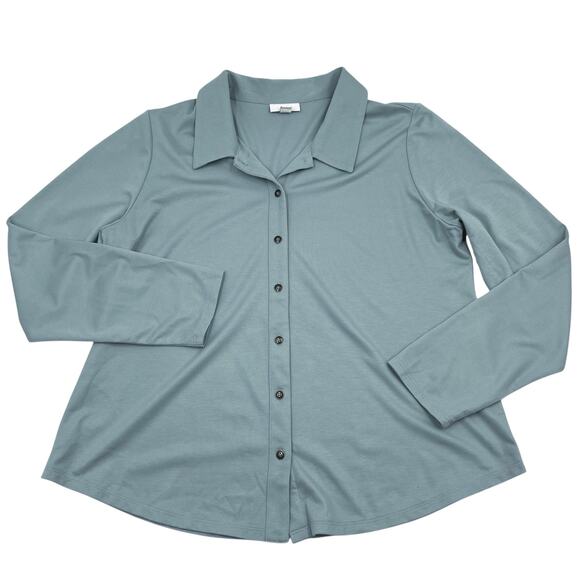 J. Jill Womens Sea Foam Jersey Knit Stretch Button Up Long Sleeve Shirt Sz MP - Picture 1 of 10